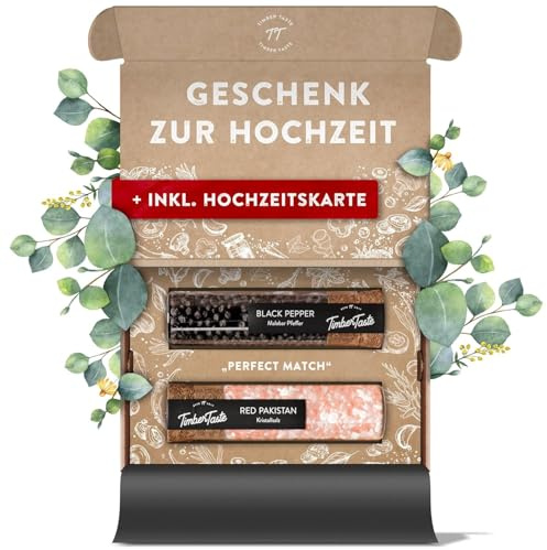 TIMBER TASTE® Salz & Pfeffer Hochzeitsgeschenk Set - Hochzeitsgeschenke für Brautpaar - Geschenk Hochzeit mit Rosa Kristallsalz & Pfeffer - Personalisiertes Hochzeitsgeschenk, Edles Hochzeits-Geschenk