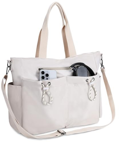 VX VONXURY tygväska för kvinnor axelväska med flera fickor stor hobo-arbetsväska handväska för resor shopping gym, BEIgE, 39x14x32cm