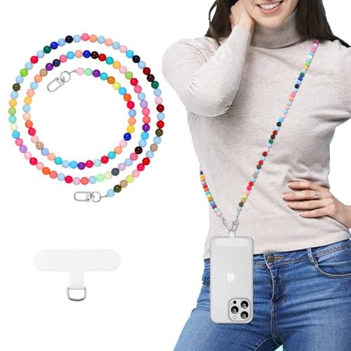 MoKo Universal Phone Lanyard, Pearl Beaded Cell Phone Chain Crossbody Strap Anti-Theft Detachable Women Cellphone Lanyards Around The Neck with Patches for iPhone, Most Smartphones - Mixed Color