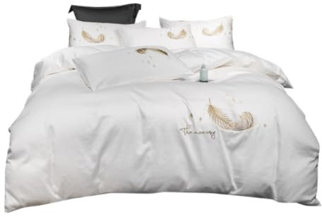 Conjunto Roupa de Cama, Juego de sábanas de 4 Piezas, Traje Simple de Cuatro Piezas de Lados Anchos, sábanas de Plumas de algodón de Fibra Larga de Color sólido Juego de Ropa de Cama(White,1.5m)