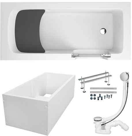 KOLMAN KOMPLETTSET 6in1 Acryl Weiß Wanne Badewanne Rechteck + Wannenträger, 160x75 cm, Seniorenbadewanne mit Glastür und Holzsitz AVO Rechts, Made in EU, Premium Ablaufgarnitur in Chrom & Wannenfüße