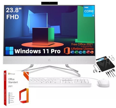 HP PC de escritorio todo en uno de 23.8 pulgadas, con licencia de por vida de Microsoft Office, pantalla FHD, procesador Intel i3 de doble núcleo, cámara web 720P, teclado y mouse con cable, Win 11