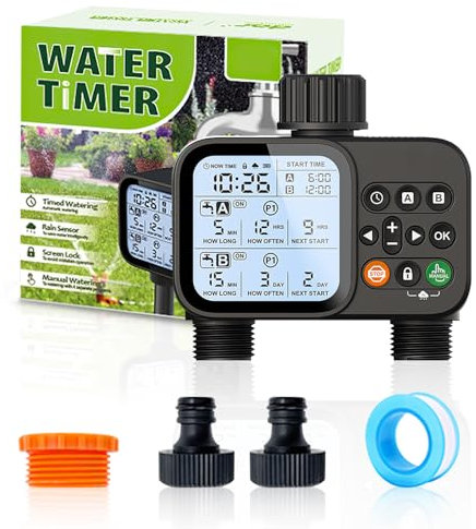 Mucek Bewässerungscomputer mit 2 unabhängigen Ausgängen, Bewässerungstimer mit 8 separaten Programmen, Watering Timer mit Manueller & Automatischer Modus, programmierbarer Wasserhahn-Timer für Garten
