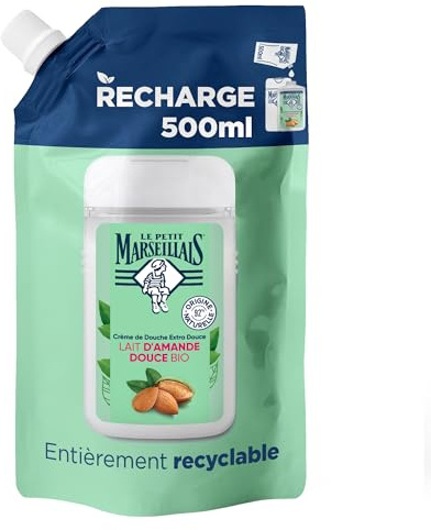 Le Petit Marseillais Recharge Crème Douche Lait Amande Douce Bio, 500 ml | Extra Douce, Rechargez deux fois votre Crème de Douche, Formule composée à 92% d'ingrédients d'origine naturelle