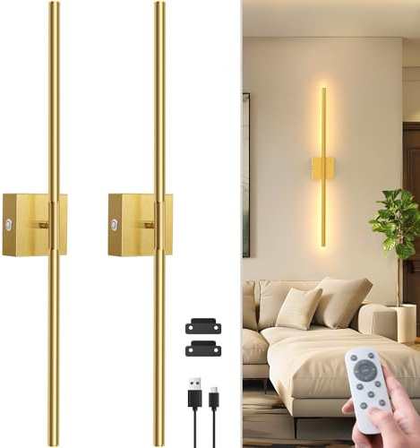 NIORSUN 28 Inch Battery Operated Wall Sconce Set of 2, 360° Rotation Gold Rechargeable Wall Lights with Detachable Tube and Remote, 3CCT Dimmable Wireless Wall Lamp for Living Room Bedroom Hallway