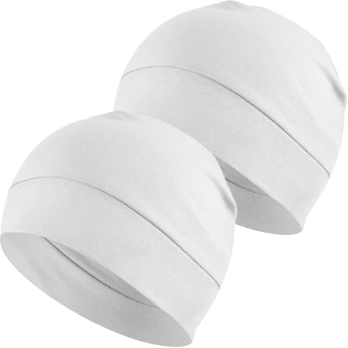 100% Cotton Skull Caps Beanie Sleeping Hats for Men Women 2-Pack White