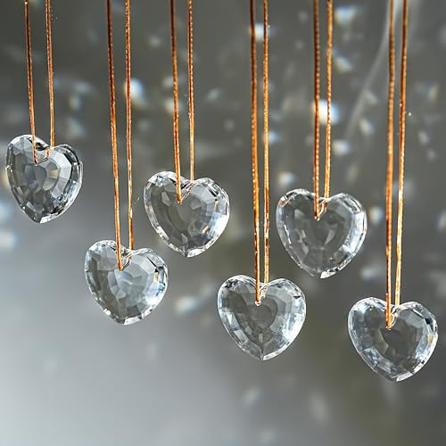 6 Pcs Clear Crystal Heart Prism Suncatcher Hanging Ornament Window Decor | Clear Crystal Glass Heart Prism Suncatcher Pendants Set of 6 Hanging Ornaments for Window Home Car Garden Party Decor Gift