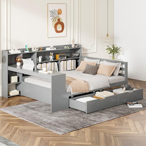 Daybett Doppelbett 140x200 cm, Tagesbett mit Schreibtisch, Bücherregal, Stauschrank und 2 Schubladen, Kinderbett mit Steckdose und Lattenrost, Holzbett Jugendbett Funktionsbett, Ohne Matratze, Grau