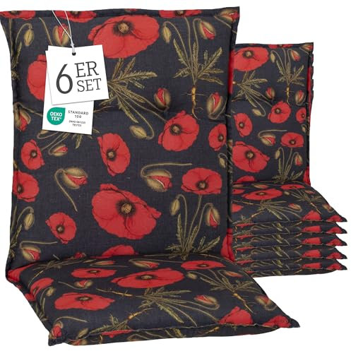 Beo® Turin Niedriglehner Gartenstuhl-Auflagen 6er Set | Waschbar bei 30°C | Atmungsaktiv & UV-beständig | Made in EU, Öko-Tex Standard | Extra Dicke Sitzkissen Outdoor