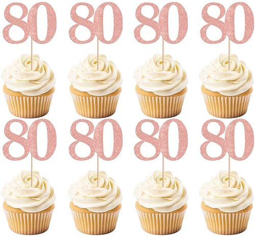 Xsstarmi 36 Pack Number 80 Cupcake Toppers Glitter Cheers to 80 Years Birthday Cupcake Picks Decoration for Happy 80th Birthday Wedding Anniversary Party Cake Decorations Rose Gold