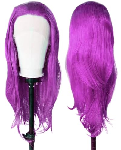 Parrucca da donna lunga naturale con attaccatura dei capelli sintetica, parrucca frontale in pizzo per uso quotidiano, parrucca per cosplay, 61 cm, viola chiaro, 61 cm, pizzo frontale