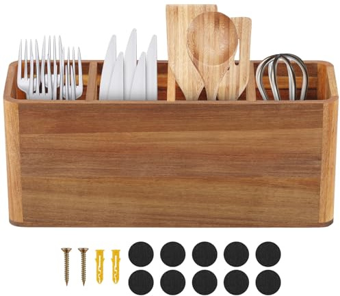 Sesaver Kitchen Utensils Holder Wood Utensil Holder with 4 Compartment Kitchen Counter Utensil Organizer Wooden Storage Container Acacia Wood Cutlery Caddy for Knives Peeler Bottle Opener