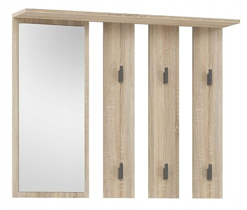 BDW - Wandgarderobe - Garderobe Wand - Wandpaneel mit Spiegel und Ablage - Flurgarderobe Hängend Modern mit Haken - Wandhaken, Kleiderhaken - Eiche Sonoma Parma - 15x100x81,5cm