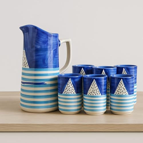 Set Brocca 1 Lt con 6 Bicchieri 200 ml in Ceramica Stile Vietrese Dipinta a Mano – Servizio da Tavola Elegante-Vietri-Costiera Amalfitana-Caltagirone-Sicilia-0508251002