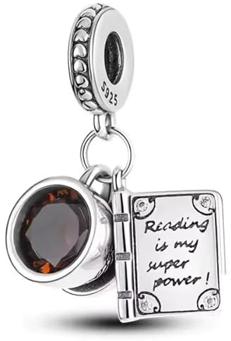 Générique Charm Pendentif Livre et Tasse de Café en Argent Sterling 925 – Symbole de Lecture & Détente – Compatible Bracelets Européens – Bijou Fantaisie Original pour Femme et Fille