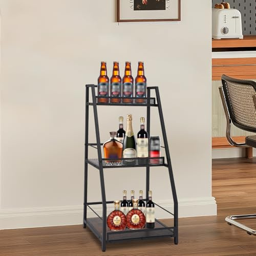 GIDRLL Vinställ med 3 våningar, fristående flaskhylla med staket, för vin, whisky och sprit, kolstål, flaskställ för bar, kök, vardagsrum eller matsal