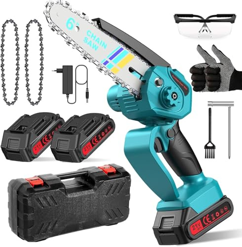 Mini Motosierra Bateria 6000mAh, 6 Pulgadas Motosierra Eléctrica Bateria, Motosierras de Mano, Motosierras Inalámbrica Portátil para Podar Árboles de Jardinería, 2 Baterías