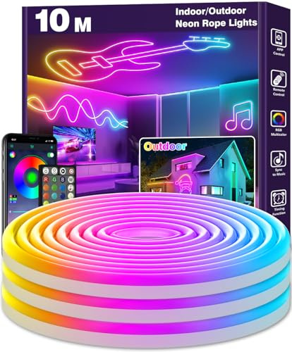 LETIANPAI 10m Neon LED Strip, Flexible LED Strips, Control with App/Remote, Multiple Modes, Waterproof, Music Sync Gaming Strip Lights for Bedroom Indoor, IP65 Outdoor RGB Neon Lights.