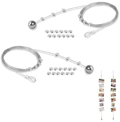 Filo Appendini Foto con Magnete, 2 Pezzi di Cavo in Acciaio Inossidabile 304, 200 cm x 1.5 mm, Con 24 Magneti, Colore Argento, Per Foto, Cartoline e Note