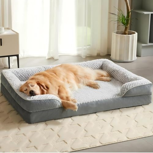 Quilmfoam Large Dog Bed, Orthopaedic Memory Foam Sofa Bed with Removable Washable Waterproof Cover, Supportive Pet Bed for Medium Dogs with C-Shape Bolster, Grey 91x67x17cm