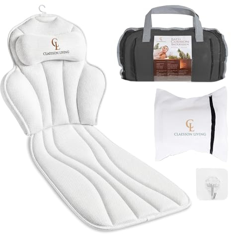 Cuscino Vasca da Bagno per Tutto il Corpo (152x56cm) – Cuscino Bagno con ventose e Poggiatesta (11cm); Supporta Collo, Schiena e Gambe – Incl. borse Lavaggio/Viaggio e Gancio Asciugatura – Bianco