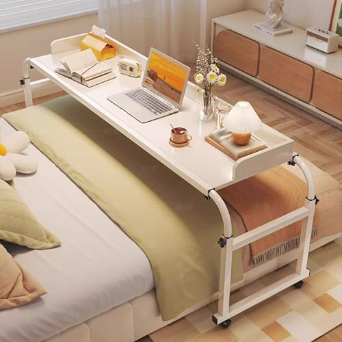 GUQASDV Höhenverstellbarer und längenverstellbarer Beistelltisch, mobiler Rolltisch, verstellbarer Betttisch, ideal für Schlafzimmer und Zuhause Büro(Wit,140cm)