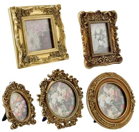 PH PandaHall 5 Styles Small Vintage Picture Frame, Mini Resin Gold Tiny Picture Frames Ornate Antique Photo Frames with Floral Relief Panel for Tabletop Display Wall Hanging Home Decor
