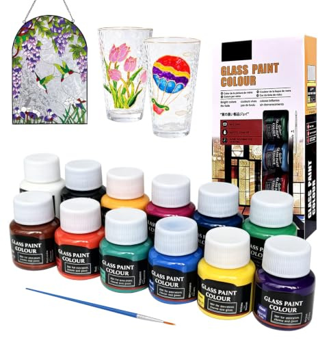 12pcs Glasfarben,wasserfestes Glasfarbe Set, Porzellanfarbe Spülmaschinenfest und keramik bemalen set,Acrylfarbe für Glas, Keramik, Glühbirnen, Plastik und Fenster, Keramikfarbe für Weinglas
