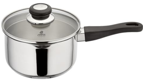Judge Vista Großer Kochtopf aus Edelstahl mit Abgießrand, 18 cm, 2.1 L Bruchsicherer Siebdeckel aus Glas mit Schlitzen zum Abtropfen und Ausgießen, Kochtopf für Induktion, Ofenfest