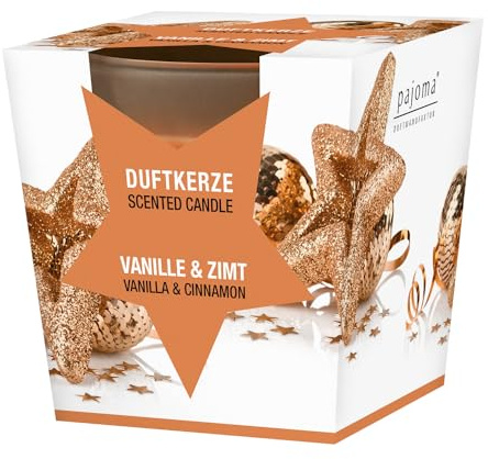 pajoma® Duftkerze, Vanille & Zimt - im satinierten Glas | 120g Wachsgewicht, Brenndauer: 25 Stunden, in edler Geschenkverpackung | Premium Qualität