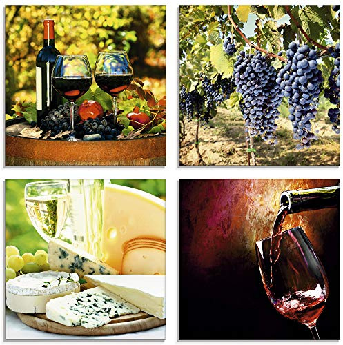 ARTland Wanddeko Glasbilder Wandbild Glas Bild Set 4 teilig je Quadratisch Dolce Vita Rotwein Trauben Käse Wein Trauben Italien Toskana S6GW