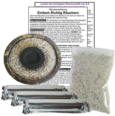 RÄUCHERSCHALE 10cm zum RÄUCHERN & AUSRÄUCHERN mit ZUBEHÖR für jedes RÄUCHERWERK 6-TLG Räucher Set. Kupfer/Messing Schale + 30 x Räucherkohle + Räuchersand + Räucheranleitung. 81587-KU