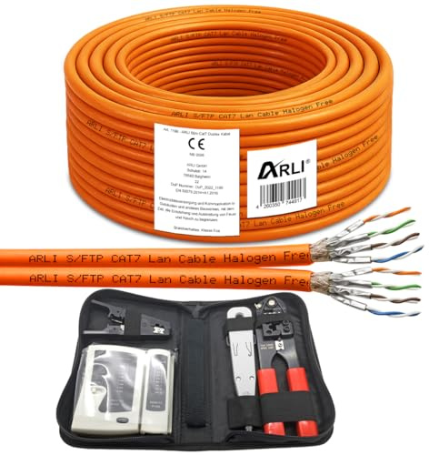 ARLI CAT 7 Verlegekabel 50m DUPLEX Netzwerkkabel + Werkzeugset Werkzeug Set Crimpzange + LSA Anlegewerkzeug + Tester + Messer Twin Installationskabel Kabel Netzwerk Verkabelung Datenkabel CAT7 Duo