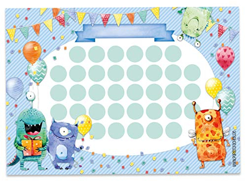 Papierdrachen Belohnungstafel Set für Kinder als Abreißblock 10 Blatt - Motivierendes Konzept als Erziehungshilfe - mit tollen Stickern für Jungs und Mädchen - Motiv Monster blanko Set 16