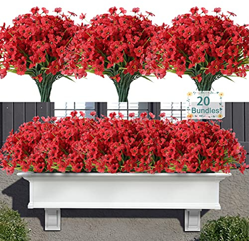 20 Bundles Artificial Flowers for Outdoors, UV Resistant Fake Flowers with Plastic Plants, Faux Silk Flowers for Planter outdoors, Fake realistic flowers For Window Box Front Porch Patio Decor-Red
