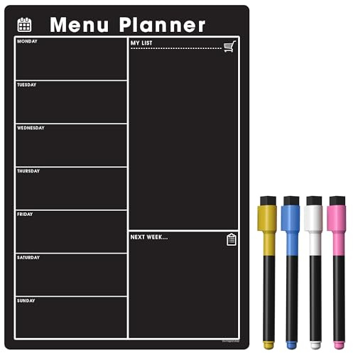 TMS Weekly Meal Planner for Fridge | Magnetic Whiteboard Calendar and Shopping List | Dry Wipe Memo Board for Kitchen | Made in The UK (A4 (30 x 21cm), ‎Black Chalkboard)