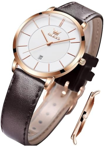OLEVS Ladies Quartz Watch Minimalist Casual Ultra-Thin Design & Leather Strap & Waterproof & Date Elegant Watch