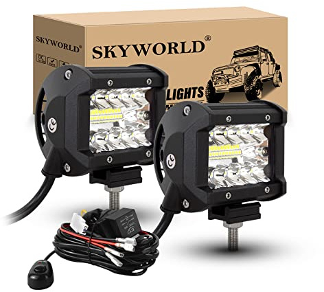 SKYWORLD 2x Faro de Trabajo, 10 cm 4 Pulgadas 60W Lampara de Conducción | con Cableado, 6000K Blanco, IP67 Impermeable, Focos LED Tractor para 4x4 Coche Off Road Camión Quad SUV ATV UTV Todoterreno