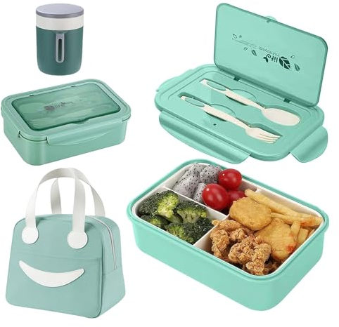 Haoh Lunch Box Kit, 1400 ML Ermetica Porta Pranzo da Ufficio e Tazza Termica e Borsa Porta Pranzo, Bento Box Microonde con 3 Scomparti e Posate, Scatole Bento per Adulti(Verde chiaro)