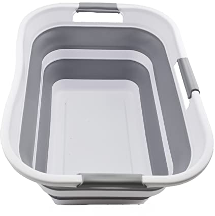 SAMMART Faltbarer Kunststoff-Wäschekorb, 29 l, zusammenklappbarer Aufbewahrungsbehälter, Organizer, tragbare Waschwanne, platzsparender Wäschekorb, Wasserkapazität: 24 l (1, Weiß/Grau/Weiß)