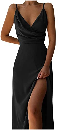 Partykleid Damen Spaghettiträger Etuikleid mit tiefem V Ausschnitt Einfarbiges figurbetontes Kleid Ärmelloses rückenfreies Wickelkleid Abendkleid mit hohem Schlitz Langes Cocktailkleid Ballkleid