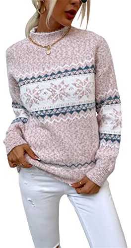 KANDEMY Pull De Noël Femme Motif Jacquard Flocons Tricot Chaud Doux Pull Noel Femme Manches Longues Style Nordique Hiver Décontracté Cadeau Fêtes Chic A2-Rose L