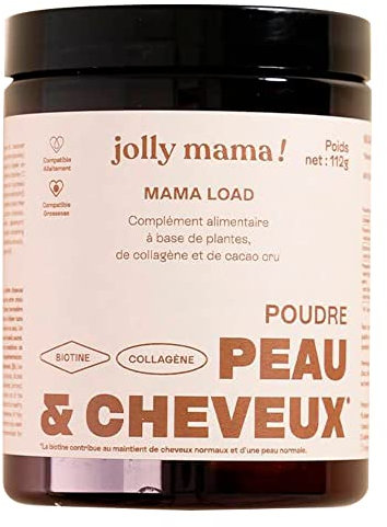 Jolly mama! Mama Load | Poudre à Boire, Collagène Marin au Cacao | Enrichi en Vitamine C | Peau & Cartilage | Sans Gluten | Compatible Grossesse & Allaitement | Fabriqué en France | Pot 112g