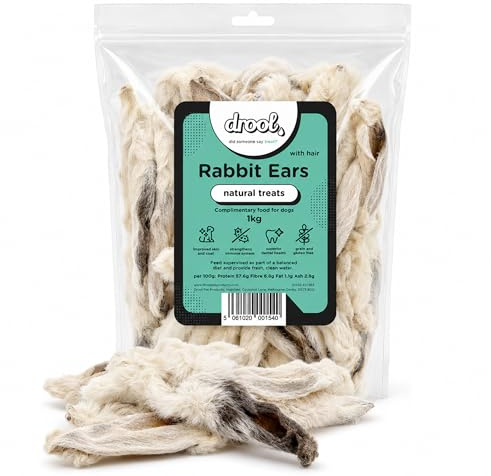 Drool Pet Products 100% Rabbit Treat with Hair for Dogs | Single Pack 1kg 100% Natural Air Dried Rabbit Ear Dog Treat Chews | Low Fat Healthy Hypoallergenic Grain Free Diets