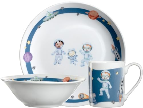 LEONARDO HOME Bambini Avventura Kinder Geschirr-Set 3-teilig - Kinder-Geschirr aus Porzellan - Spülmaschinenfest, mikrowellengeeignet - 3er Set Schale, Tasse und Teller mit Motiv Weltall, 022799