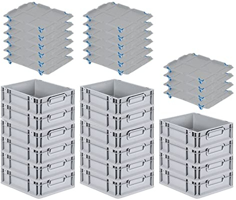 PROREGAL SuperSparSet 16x Eurobox NextGen Grip mit Auflagedeckel & 4 blauen Schiebeschnappverschlüssen, HxBxT 12x30x40cm, 11 L, Grau, Griffe geschlossen, Eurobehälter, Transportbox