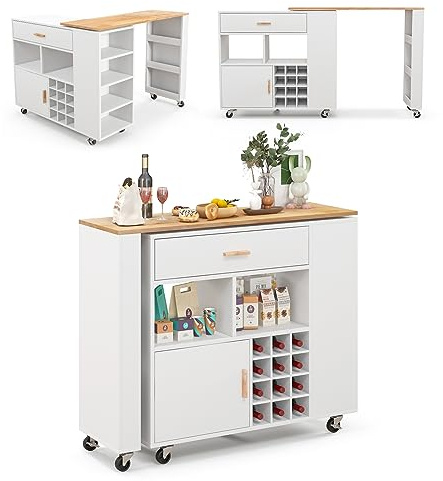 GIANTEX 2-i-1 köksvagn med konvertibel form, köksö med hjul och förvaringsutrymme, låda, vinställ och justerbar hylla, matmöbel (vit)