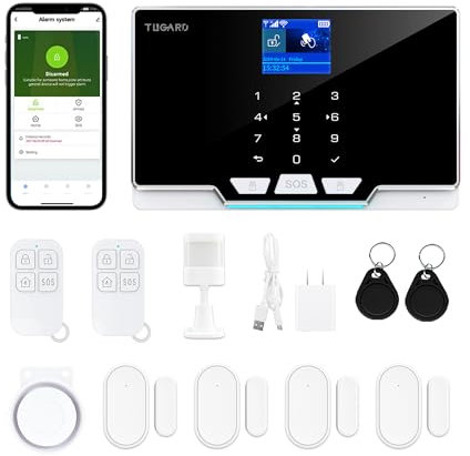 TUGARD Allarme di sicurezza con app per telefono, schermo colorato TFT da 1,8, sistema di sicurezza intelligente per la casa, kit da 12 pezzi, sensore monitor, telecomandi, funziona con Alexa e