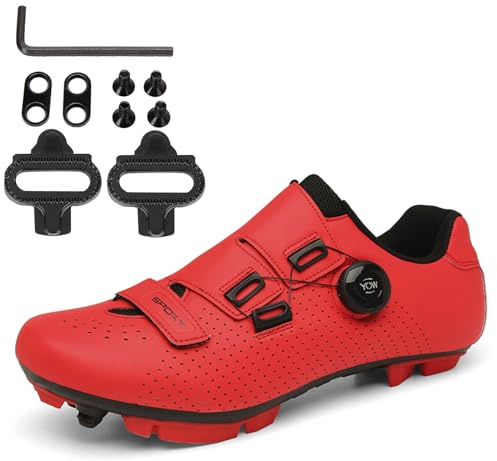 PENXZT Herren Damen MTB Schuhe, Fahrradschuhe Mountainbike Schuhe kompatibel mit SPD 2 Schrauben mit Cleats Outdoor-Radschuhe,Rot,45 EU