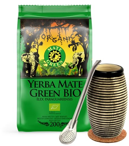Set Yerba Mate Green Bio 200g ● Organic Mate-Tee aus Brasilien ● Keramik becher Motorista 260ml ● mate tee tasse ● Edeltahl trinkhalm Bombilla ● Kork-Pad ● Stainless steel